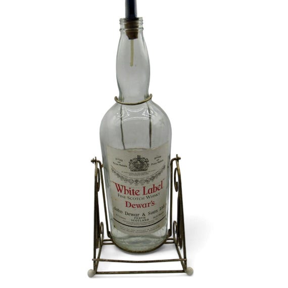 Large Dewars Glass Bottle in Metal Stand Scotland Vintage 21.5