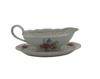 Salsiera vintage Genex Poland con sottopiattino decorato con motivi floreali e finiture dorate, 20 cm.