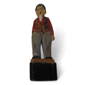 Hand Carved WOODEN Miniature ELDERLY man Rustic Folk Art Canada Vintage 3 Inches Tall