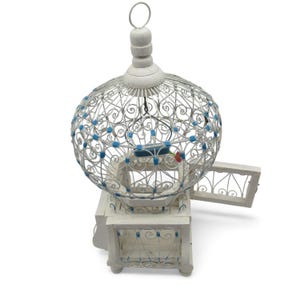 BIRDCAGE French Moroccan DECORATIVE White Wooden Wire Detailing And Blue Accents Vintage
