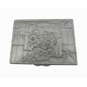 METAL Trinket Box BAMBOO And Floral Designs Hinged Lid Japan Vintage 5 Inches