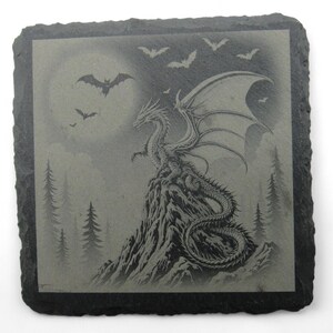 COASTERS DRAGON Themed Personalizable Black Slate Set Of 4 Dragons Customizable