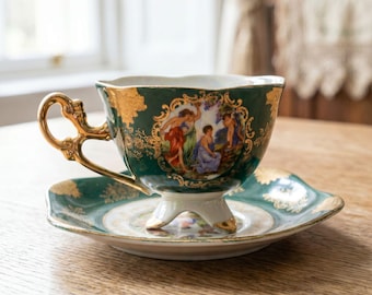 Vintage Shafford Japan Footed Teacup Saucer Three Graces Green Goddess