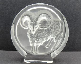 Goat Ram Paperweight Frosted Glass Decor Zodiac Aries 5.2" Sweden