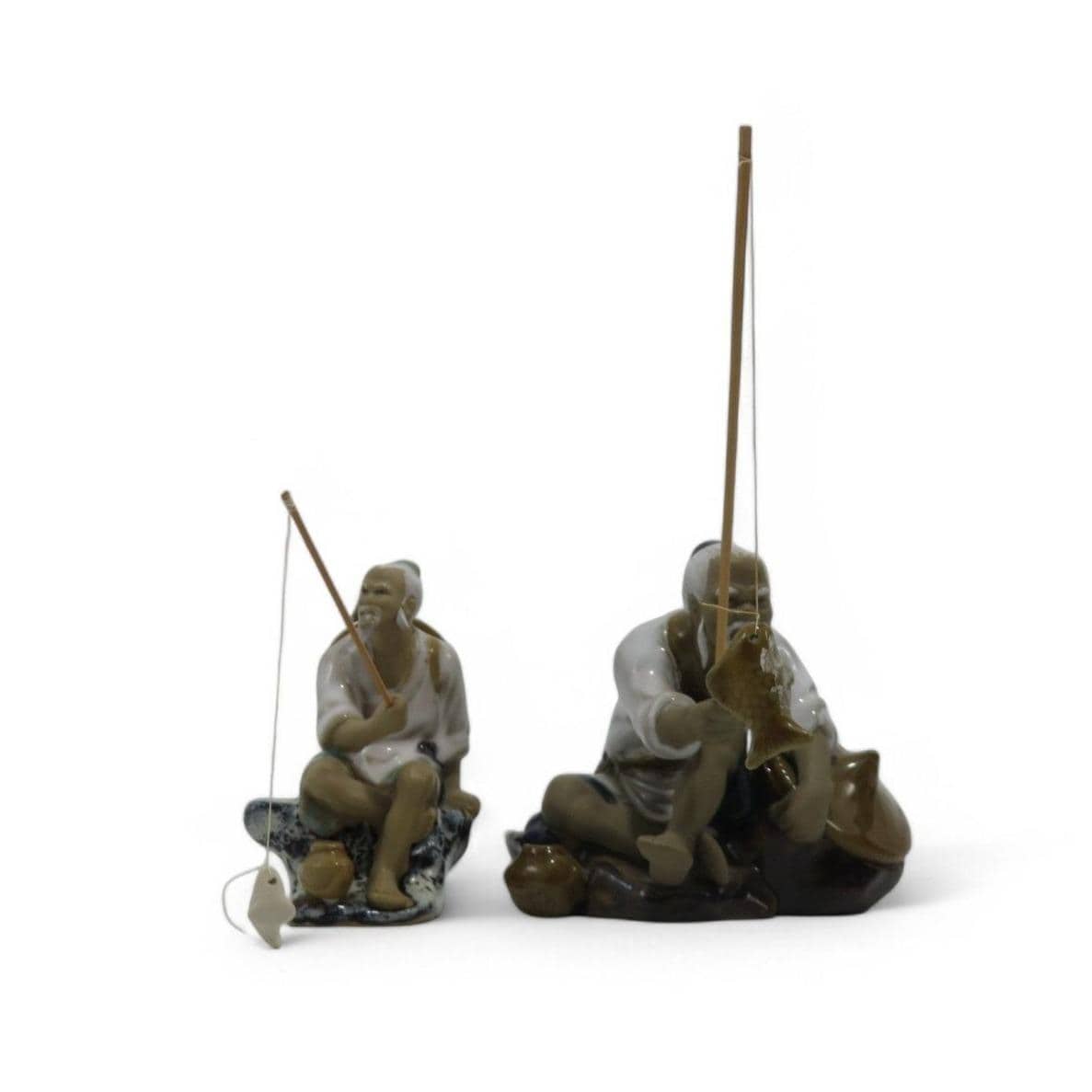 Chinese MUDMAN FISHERMEN Figurines Set Of 2 With Fishing Rods and