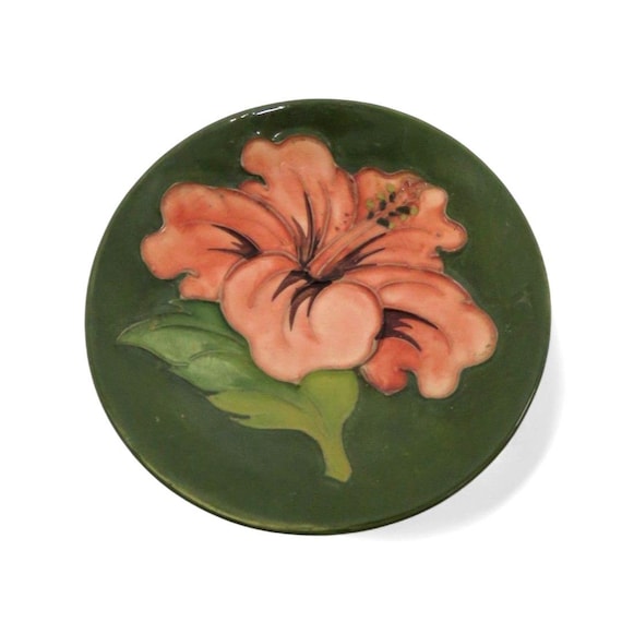 MOORCROFT England Hibiscus Pattern DISH Floral Green and Pink