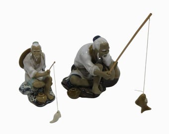 Chinese Mudman Figurines Set Of 2 With Fishing Rods and Fish Vintage-US Duties Prepaid