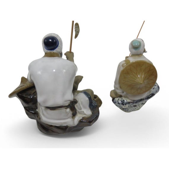 中国　置物　漁 Chinese MUDMAN FISHERMEN Figurines Set Of 2 With Fishing Rods and