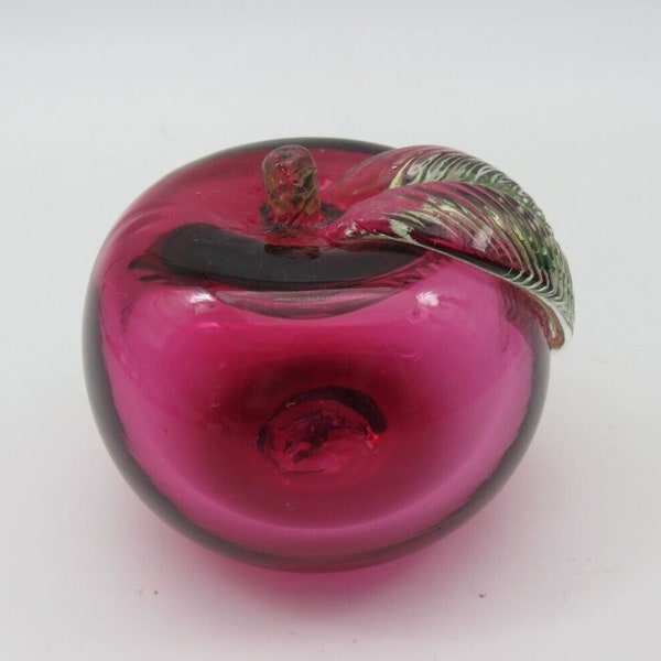 Vintage Cranberry Glass Apple with Leaf Paperweight