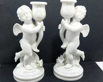 Cherub Angel Candle Holder Set White Porcelain Fruit Base Vintage 8.3"