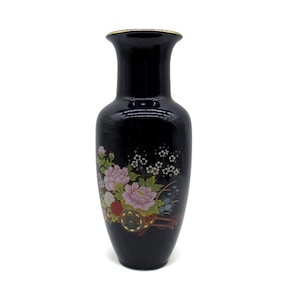Vintage JAPANESE Cobalt Blue Ceramic VASE with Flowers And Gold Accent 12&quot; Tall