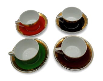 HOLLOHAZA Hungary Coffee Cup Set Multicolor Gold Accents Vintage-US Duties Prepaid