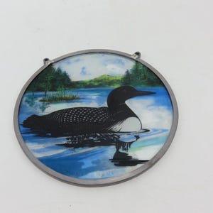 Vintage Loon Bird Suncatcher Round Stained Glass in Lead Frame 6.5 inches