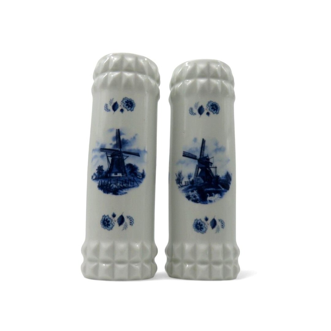 Delft Blue Pair Windmill Vases Holland Hand Painted Ceramic