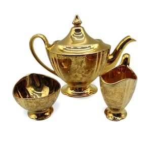 ROYAL WINTON Grimwades Gold Teapot Creamer and Sugar Bowl with Floral Design Vintage