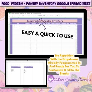May include: A screenshot of a Google Spreadsheet titled "Food-Frozen/Pantry Inventory Google Spreadsheet". The spreadsheet is designed to help users track their food inventory. The spreadsheet has columns for item, location, category, quantity, purchase date, canned/frozen date, expiration date, and amount spent. The spreadsheet is easy to use and has dropdowns for each column.