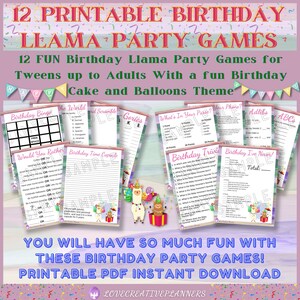 May include: Printable PDF download of 12 llama-themed birthday party games for tweens and adults. The games include "Birthday Bingo", "Would You Rather", "Birthday Time Capsule", "The World Scramble", "Gories", "What's In Your Purse", "Your Phone", "Adlibs ABC's", "Birthday Trivia", and "Birthday I've Never".