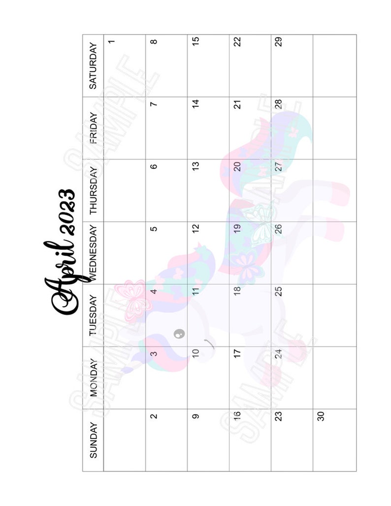 2023 Fun Printable Unicorn Calendar Pages Landscape 1 Etsy