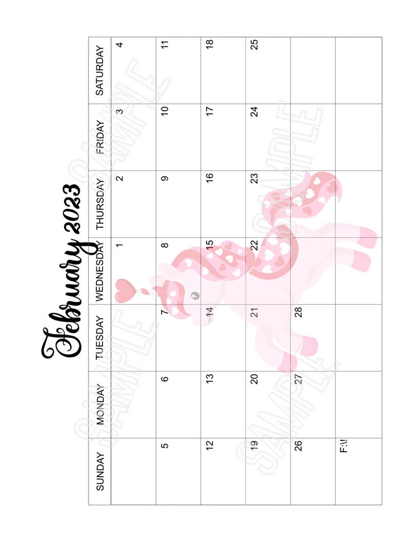 2023 Fun Printable Unicorn Calendar Pages Landscape 1 Unicorn for Each