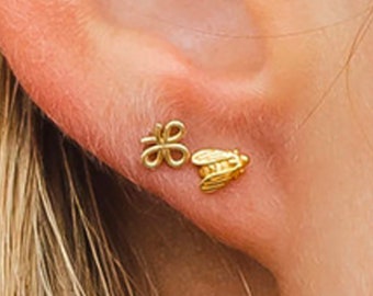 14K Gold Bee Stud Earrings: Sterling Silver Honeycomb Jewelry