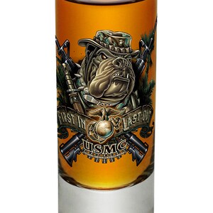 USMC Marine Corps devil dog First in last out 2oz Shooter Shot Glass Glass Set
