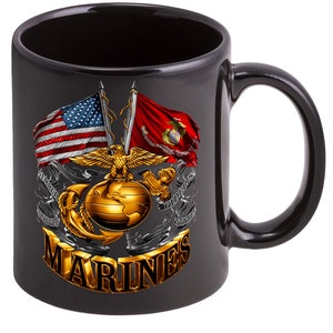 USMC Double Flag Gold Globe Marine Corps Stoneware Black Coffee Mug Gift Set