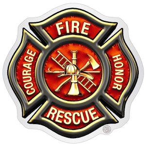 May include: A red and gold firefighter's emblem with a cross in the center. The words "FIRE", "RESCUE", "COURAGE", and "HONOR" are written around the cross.