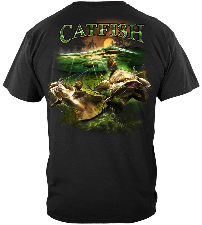 May include: Black t-shirt with a graphic print of two catfish swimming in a green and blue underwater scene. The text "CATFISH" is printed in green above the fish.