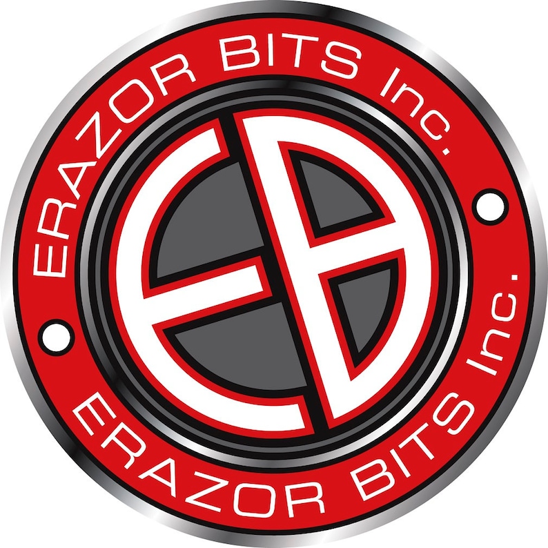 May include: A red and silver circular logo with the text "Razor Bits Inc." around the outside. The center of the logo features a stylized "EB" in white and black.