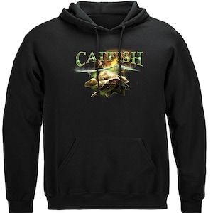 May include: Black hooded sweatshirt with a green and yellow graphic of a catfish with the word "CATFISH" above it.