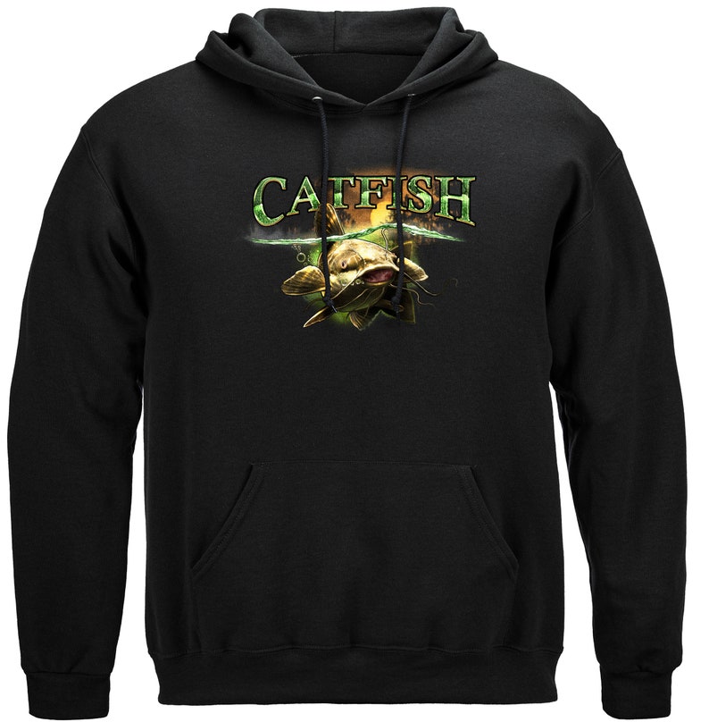 May include: Black hooded sweatshirt with a green and yellow graphic of a catfish with the word "CATFISH" above it.