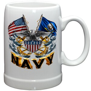 Conjunto de presente para caneca de café branco de grés com bandeira dupla Eagle US Navy Shield