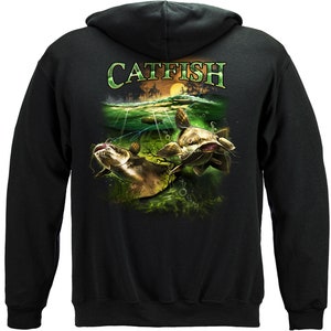 May include: Black hooded sweatshirt with a green and brown graphic print of two catfish swimming in water. The text "CATFISH" is printed above the fish.