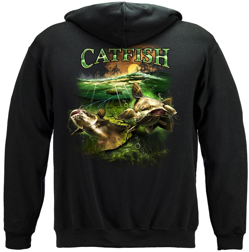 May include: Black hooded sweatshirt with a green and brown graphic print of two catfish swimming in water. The text "CATFISH" is printed above the fish.
