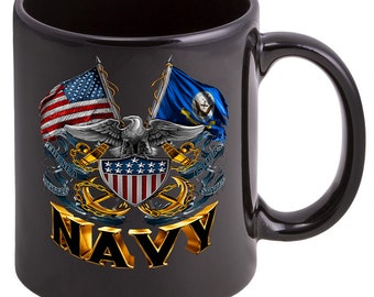 Double Flag Eagle US Navy Shield Stoneware Black Coffee Mug Gift Set