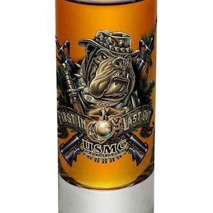 USMC Marine Corps devil dog First in last out 2oz Shooter Shot Glass Glass Set
