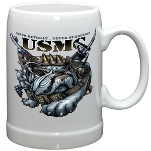 USMC Never Retreat Never Surrender Marine Corps Stoneware White Coffee Mug Gift Set