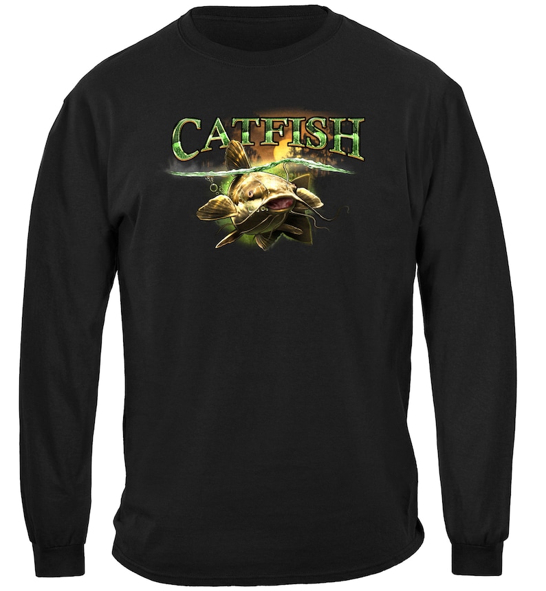 May include: Black long-sleeve t-shirt with a graphic of a catfish jumping out of the water with the word "CATFISH" above it.