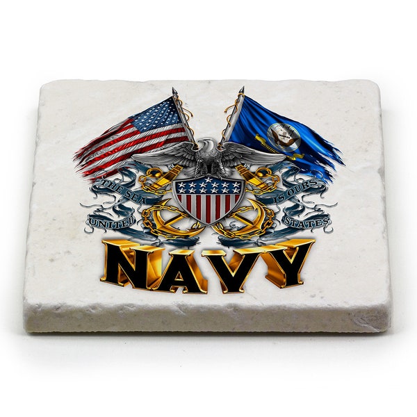 Double Flag Eagle Navy Shield Ivory Tumbled Marble 4IN x 4IN Coasters Gift Set