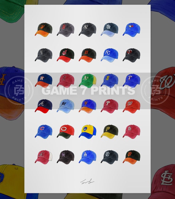 Major League Baseball MLB Team Caps Hats 12x18 Illustrated Etsy
