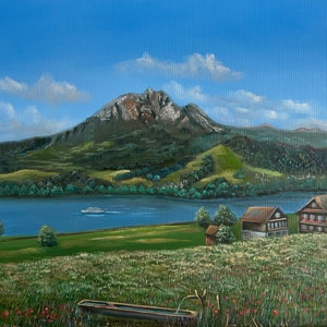 Original oil on canvas. Switzerland landscape. Mount Pilatus in Lucerne. Handmade. Free shipping