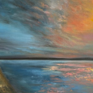 Original oil Painting. Stunning Sunset over the water. FREE SHIPPING