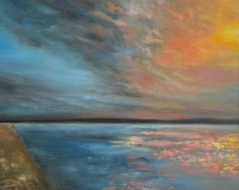 May include: A painting of a sunset over a body of water. The sky is a mix of orange, pink, and blue, with dark clouds in the upper left corner. The water is a dark blue, reflecting the colors of the sky. A sandy beach is visible in the lower left corner.