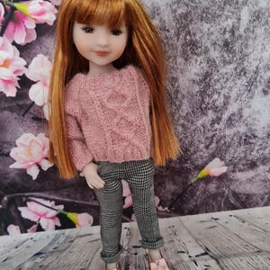 Può includere: Una bambola con capelli lunghi, lisci e castano rossicci che indossa un maglione rosa a treccia, pantaloni a quadri neri e bianchi e scarpe rosa con fiocchi dorati.