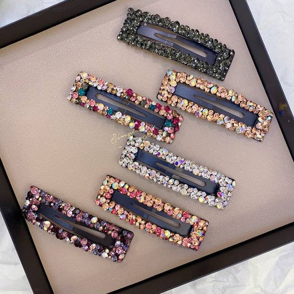 Rectangle Crystal flashy stylish snap hair clip| Rose, Champagne, Silver, Multicolor| Bedazzled colorful rhinestone hair clips.