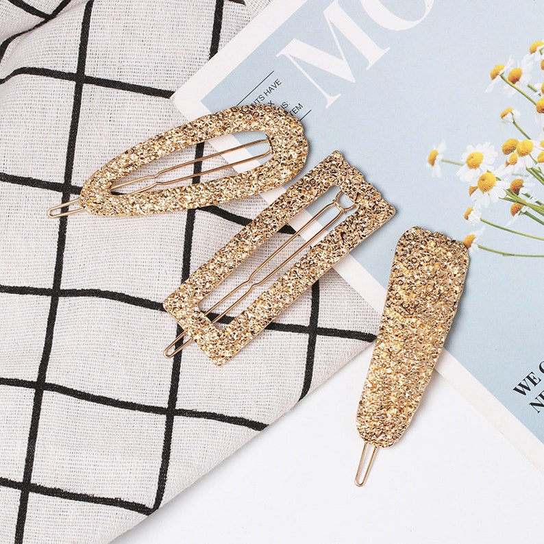 Golden hair clips 3pc set metal hair clips textured hair clips golden crumpled foil hair pin hair styling accessory Bridal accessories image 3