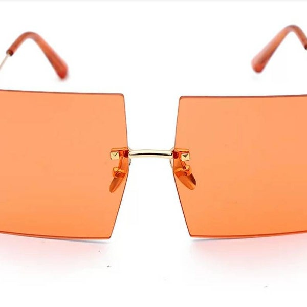 Square oversized sunglasses. Designer Rimless sunglasses. Classy elegant large orange glasses big Oversized shades for Women sunglasses.