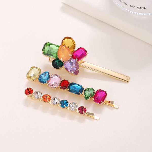 Flower Gemstone colorful Bobby Pins 1pc or 3pc set, Gold Hair Clips Hair Accessories decorative Hair Bobby Pins, crystal flower Hair Clip