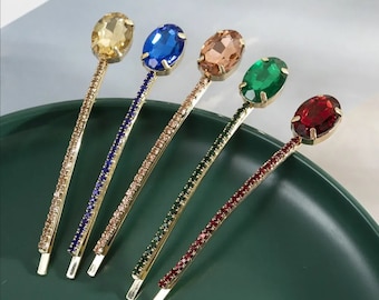 Oval Gemstone Rhinestone bobby pin, Hairpin for women Gem hairpin, crystal rhinestone hairpin barrette pin Bridal hairpins Bang Side pins