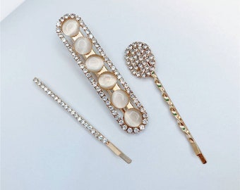 Opal Rhinestone 3pc Hairpins. bobby pin hairclips 3pc set. Crystal hair clips.  Unique hair clips. Gold hair clips. Bedazzled Bobby pins.